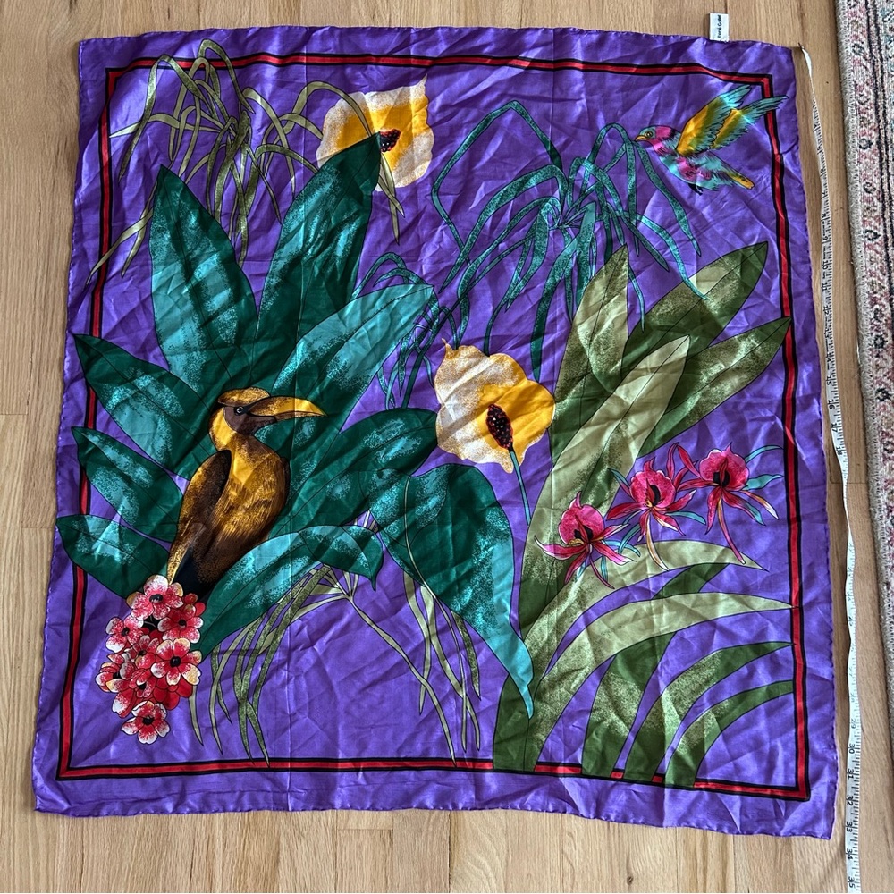 Rene gallet 100% pure silk vintage tropical bird square scarf leaves flowers - Picture 2 of 8